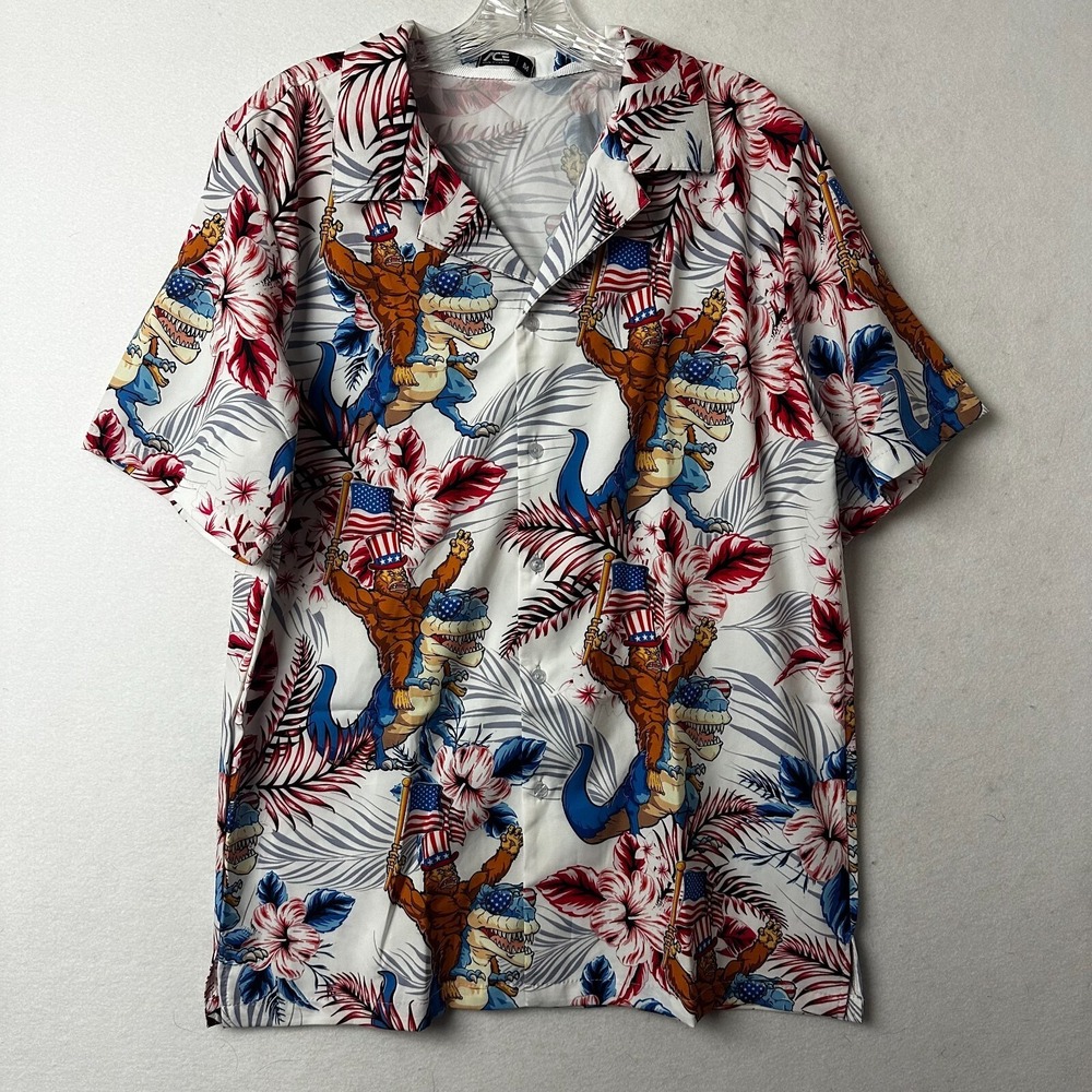 Ace Mens Bigfoot Riding T-Rex American Flag Tropical Hawaiian Shirt White Med
